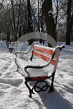 Red bench in the snow