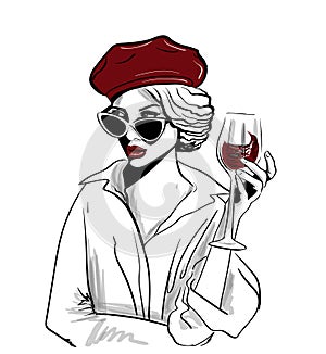 Red beret woman with glass of wine