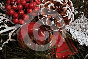 Red berries, apple and branches of a Christmas tree under snow. Christmas ribbon