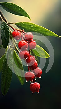 Red berries on branch with water droplets