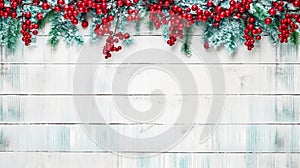 red berries and pine branches with wooden backdrop for christmas winter frame-22