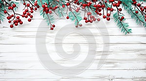 red berries and pine branches with wooden backdrop for christmas winter frame-40