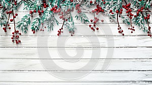 red berries and pine branches with wooden backdrop for christmas winter frame-42