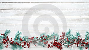 red berries and pine branches with wooden backdrop for christmas winter frame-44