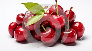 Red berries of viburnum with green leaf on a white background