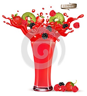 Red berry juice splash. Whole and sliced strawberry, raspberry, cherry, blackberry and kiwi in a sweet juce photo