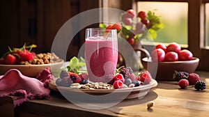 Red berry smoothie, elegantly presented in a refined glass, meticulously encircled, AI generated
