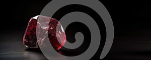 Red beryl is a rare precious natural stone on a black background. AI generated. Header banner mockup with space