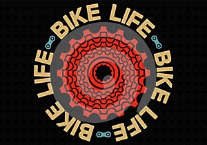 Red bicycle cassette with Bike Life legend over black background