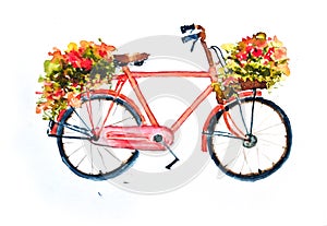 Red bicycle with flowers on white