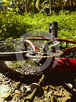 Red bicicle fall over the ground without the chain photo