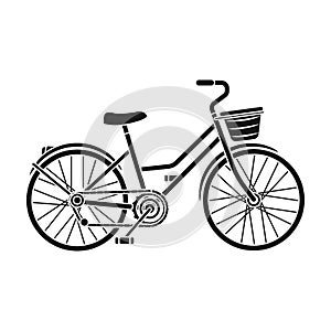 A red bicycle with wheels and basket. The eco-friendly transport.Different Bicycle single icon in black style vector