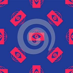 Red Big brother electronic eye icon isolated seamless pattern on blue background. Global surveillance technology