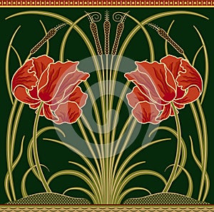 Red big poppy and green reeds decorative border pattern on dark green background. Vector illustration.