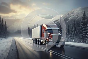 Red big rig commercial semi truck transporting cargo in dry van semi trailer running on the wet turning road with winter forest at