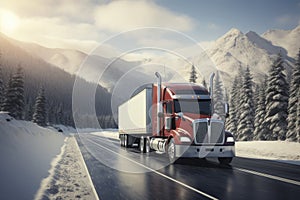 Red big rig commercial semi truck transporting cargo in dry van semi trailer running on the wet turning road with winter forest at