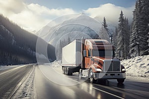 Red big rig commercial semi truck transporting cargo in dry van semi trailer running on the wet turning road with winter forest at