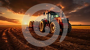 Red big tractor parked on the field in the sunset. generative ai