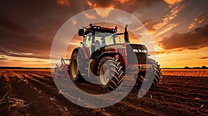 Red big tractor parked on the field in the sunset. generative ai