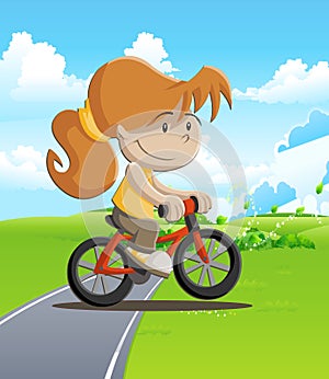 Red Bike Adventure: Girl with Brown Hair and Ponytail in Scenic Landscape