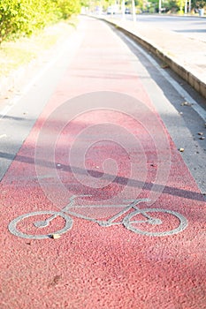 Red Bike lane asphalt texture with sunlight