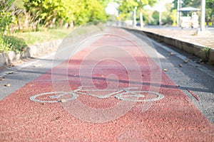 Red Bike lane asphalt texture with sunlight