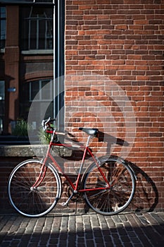 Red bike leaning against building brick wall in city street, created using generative ai technology