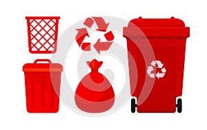 Red Bin Collection, Recycle Bin and Red Plastic Bags Waste isolated on white Background, Bins red with Recycle Waste Symbol, Front