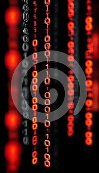 Red Binary Code Data Flowing, Numbers Streaming Down a Dark Background, Abstract Technology Concept