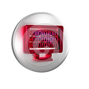 Red Binary code icon isolated on transparent background. Silver circle button.