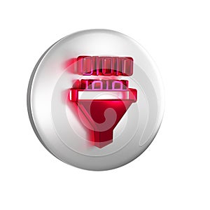 Red Binary code icon isolated on transparent background. Silver circle button.