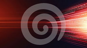 Red binary code stream across dark background. Digital, futuristic and high tech image.