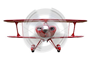 Red biplane flying isolated