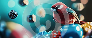 Red Bird With Dice In A Dreamlike Teal Glow photo