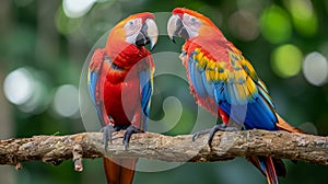 Red bird love. pair of big parrot scariet two birds sitting on branch, Wildlife love scence