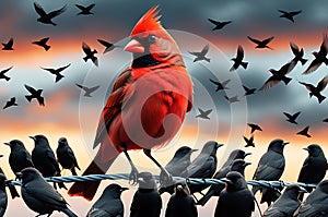 red bird nestled among a sea of black birds, contrast emphasized by a singular vibrant hue against monochrome backdrop