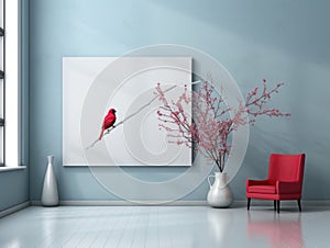 A red bird sitting on a branch in a room, AI