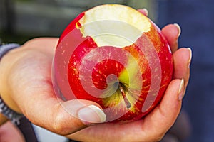 Red bitten off apple in hand