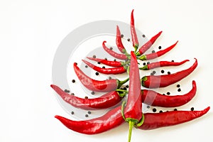 Red bitter chili pepper in the form of a christmas tree on a white clean background for text