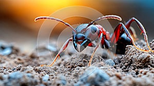 A red and black ant crawling on the ground