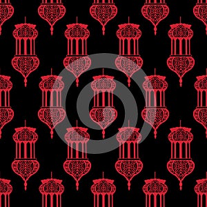 Red on Black Arabic Lantern Geometrical Pattern Seamless Repeat Background