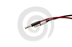 Red and black aux audio cable isolated on white background. File contains with clipping path