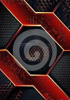 Red and black background with hexagon shapes, metallic texture and golden lines.