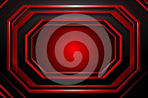 a red and black background with a hexagonal shape