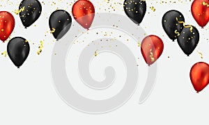 Red and black balloons gold confetti glitters for event and holiday poster.