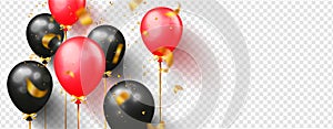 Red and black balloons with sparkles and flying confetti isolated on transparent background. Festive vector illustration