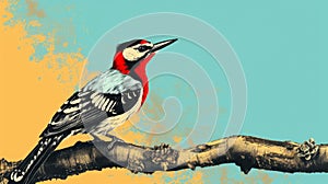 Realistic Pop Art Illustration Of A Woodpecker On A Branch photo