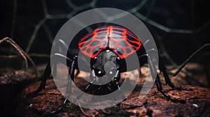 a red and black bug sitting on top of a rock