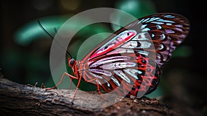 a red and black butterfly sitting on top of a tree branch