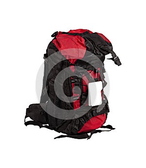 Red and black camping backpack isolated on white background
